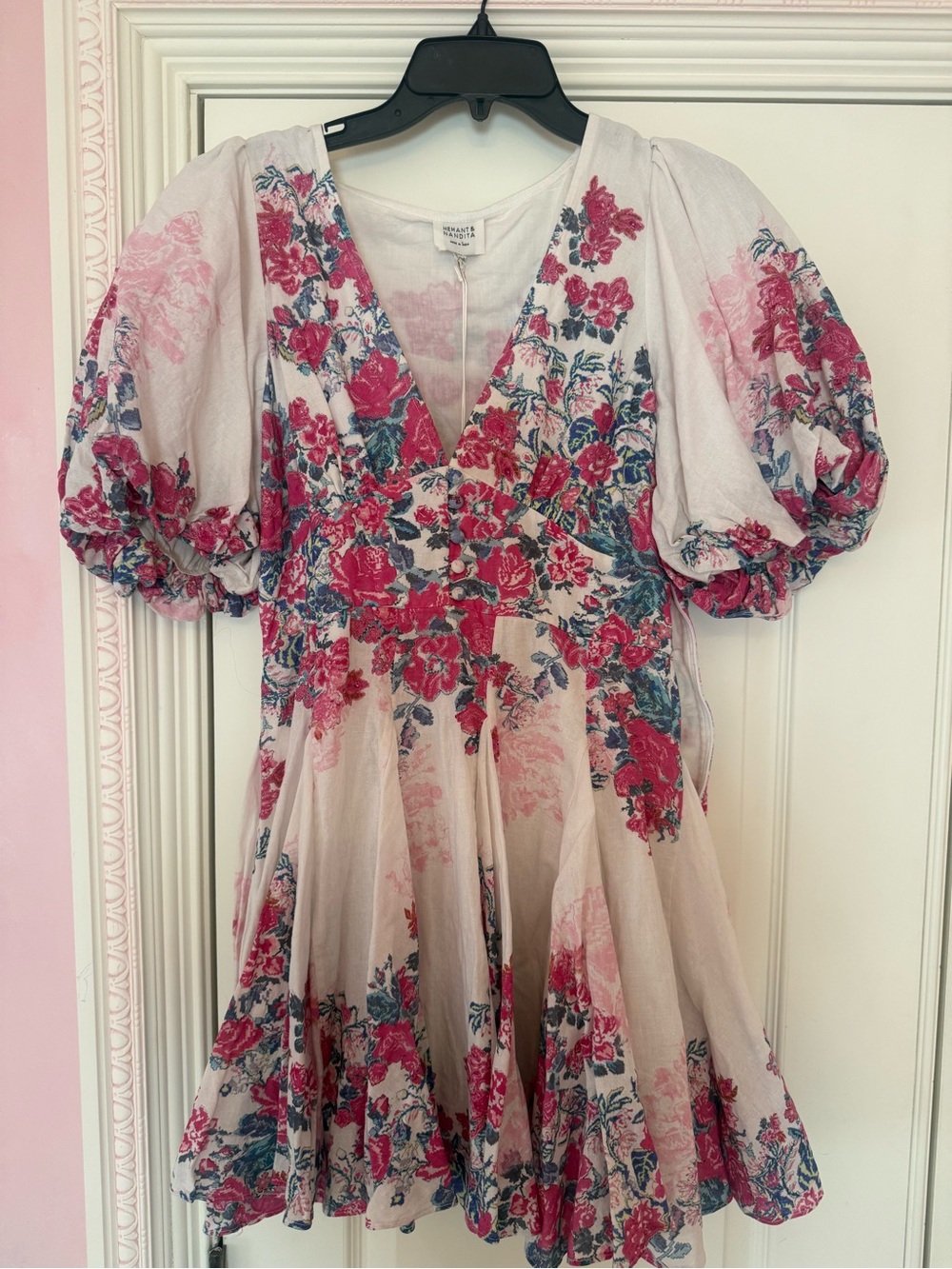 HEMANT & NANDITA Pink Floral Puff-Sleeve Mini Dress NWT